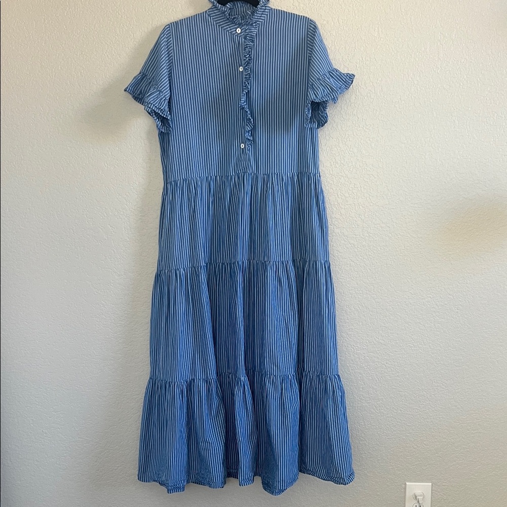 Mille Victoria Dress Tiered Ruffled Maxi In Harbor Stripe. Size M - Picture 4 of 14